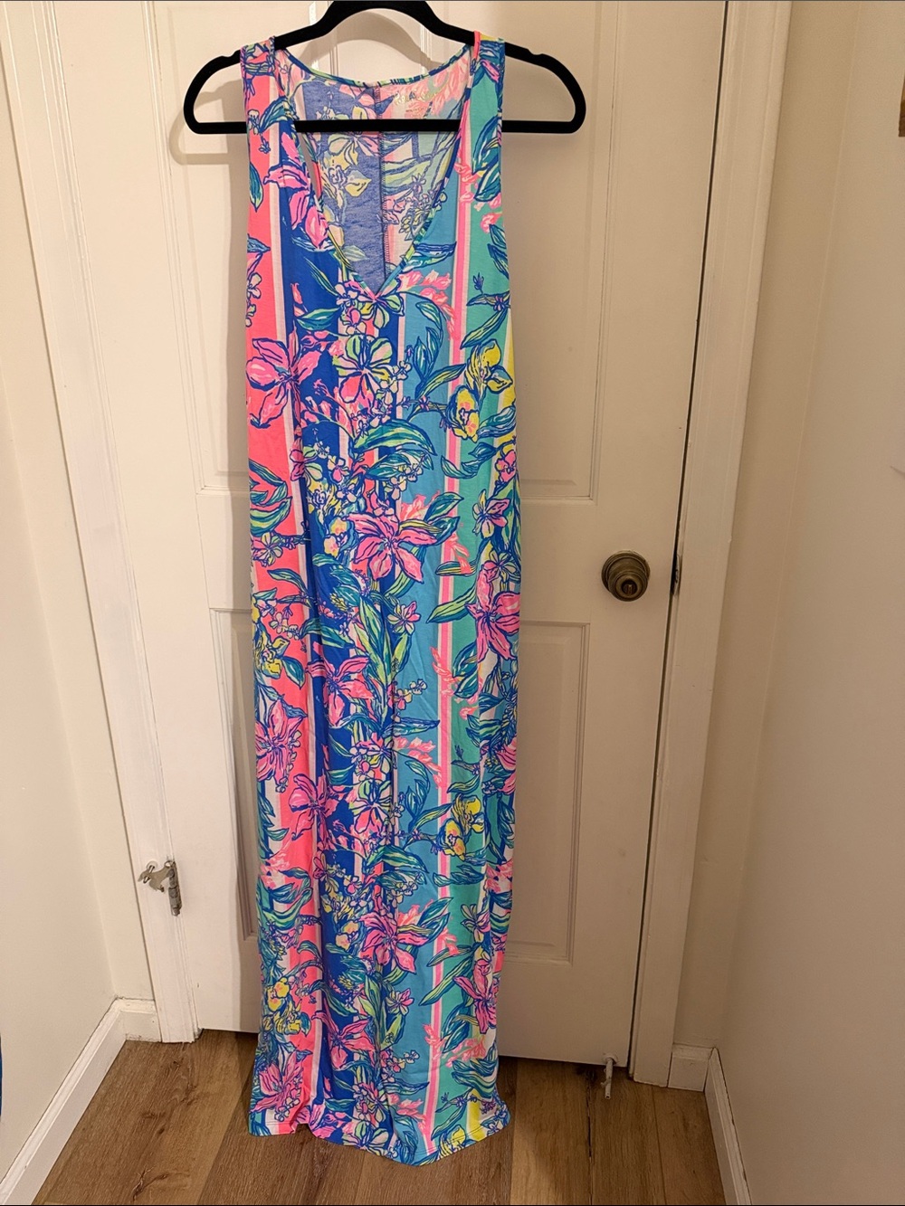 Lilly Pulitzer Pink, Turquoise & Blue Floral Stripe Maxi Dress